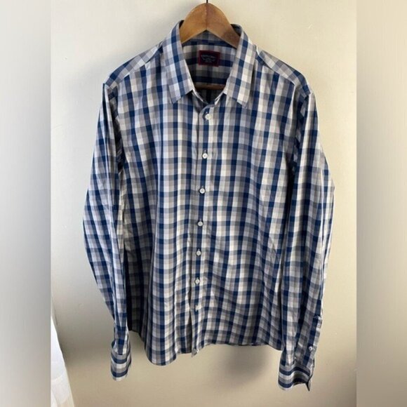 Untuckit plaid check cotton wrinkle free blue grey large tall slim button down - Picture 1 of 8
